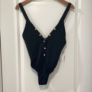 Just fab black button front one piece swimsuit medium nwt